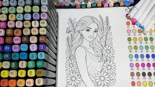 Beautiful Girl with Flowers Coloring Relaxing Marker Coloring