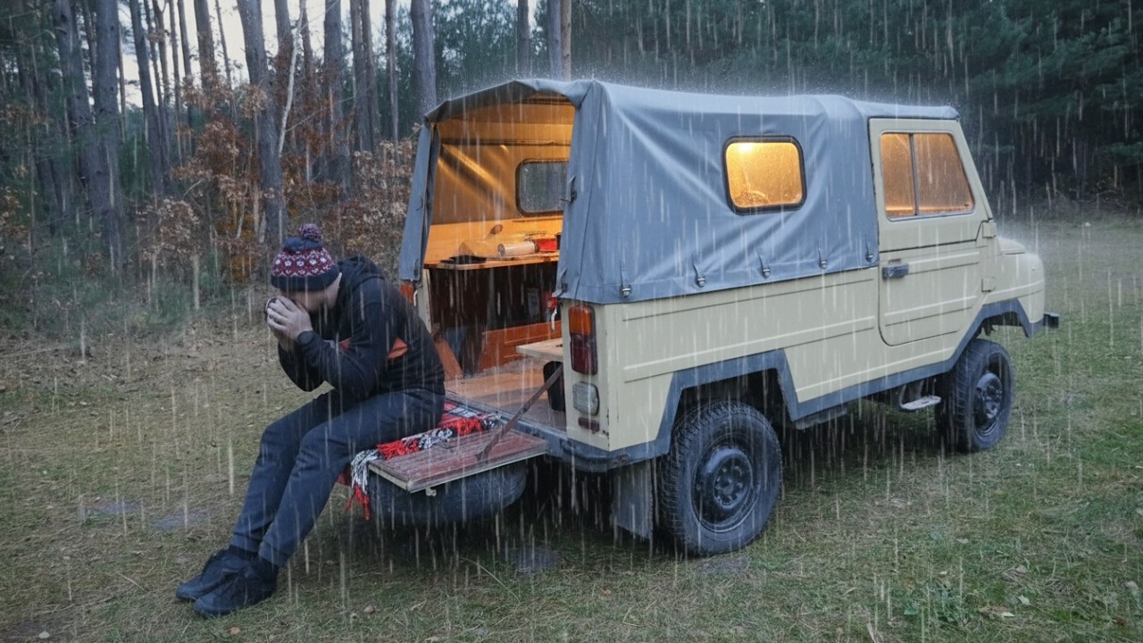 Truck Camping in the Rain and Gunfire | Camping Sounds | ASMR