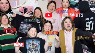 every merch clothing i own try on haul (ariana, bts, \& more) - plus size closet catalogue #1