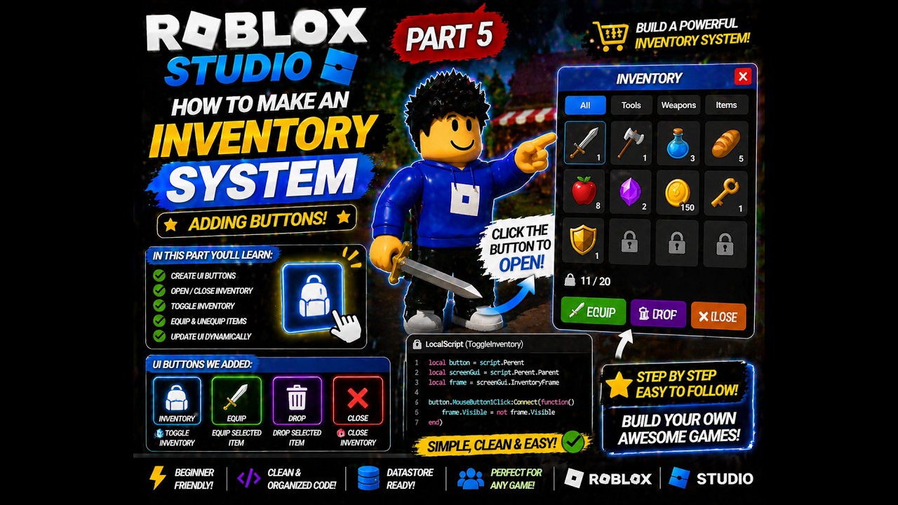 Roblox Studio - How to make an Inventory System Part 5 - Adding buttons ...