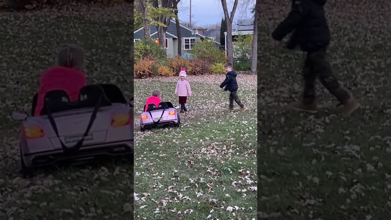 Little girl drive Bentley Power Wheels car on grass lawn then accidentally runs over boy