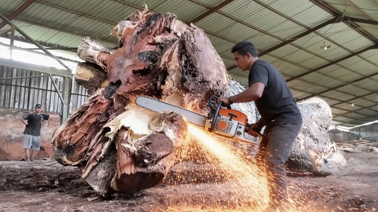 This big wood even destroyed the chainsaw: The extreme process of sawing saman wood