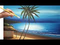 Pintura de paisagem noturna praia como pintar  - técnica acrílica sobre tela