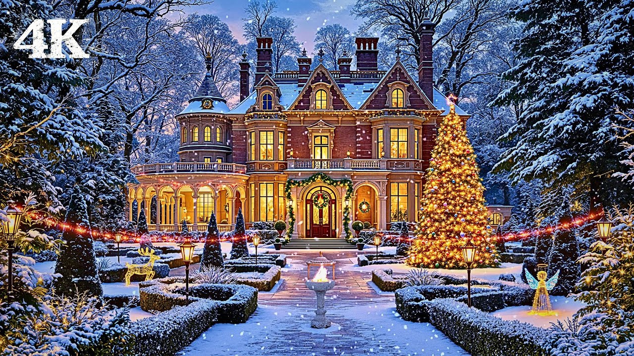 Snowy Wonderland Mansion Ambience | Soothe Your Soul with Cozy Fire & Winter Nature Sounds