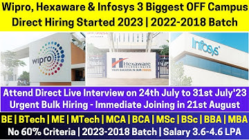 Wipro Hexaware Infosys 3 Biggest OFF Campus Direct Hiring 2023-2018 Batch Must Attend Live Interview