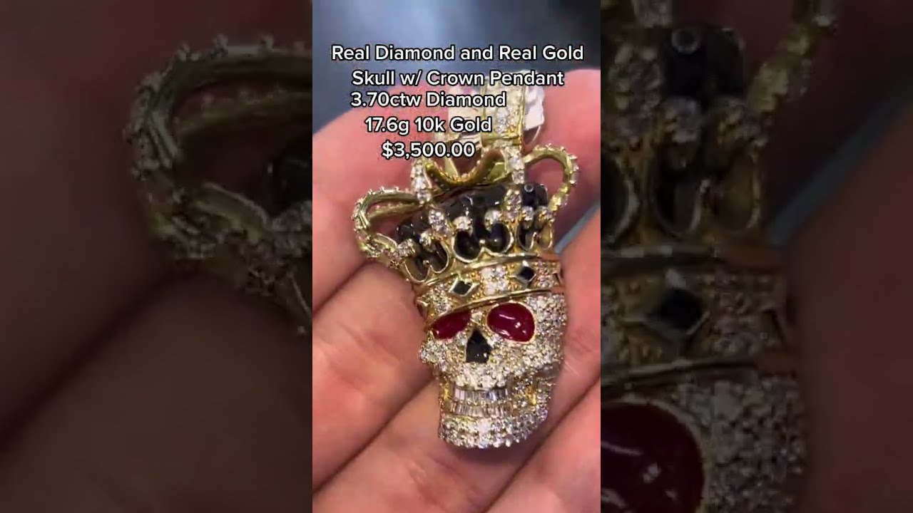 Real Diamond & Gold Skull With Crown Pendant by Ijaz Jewelers