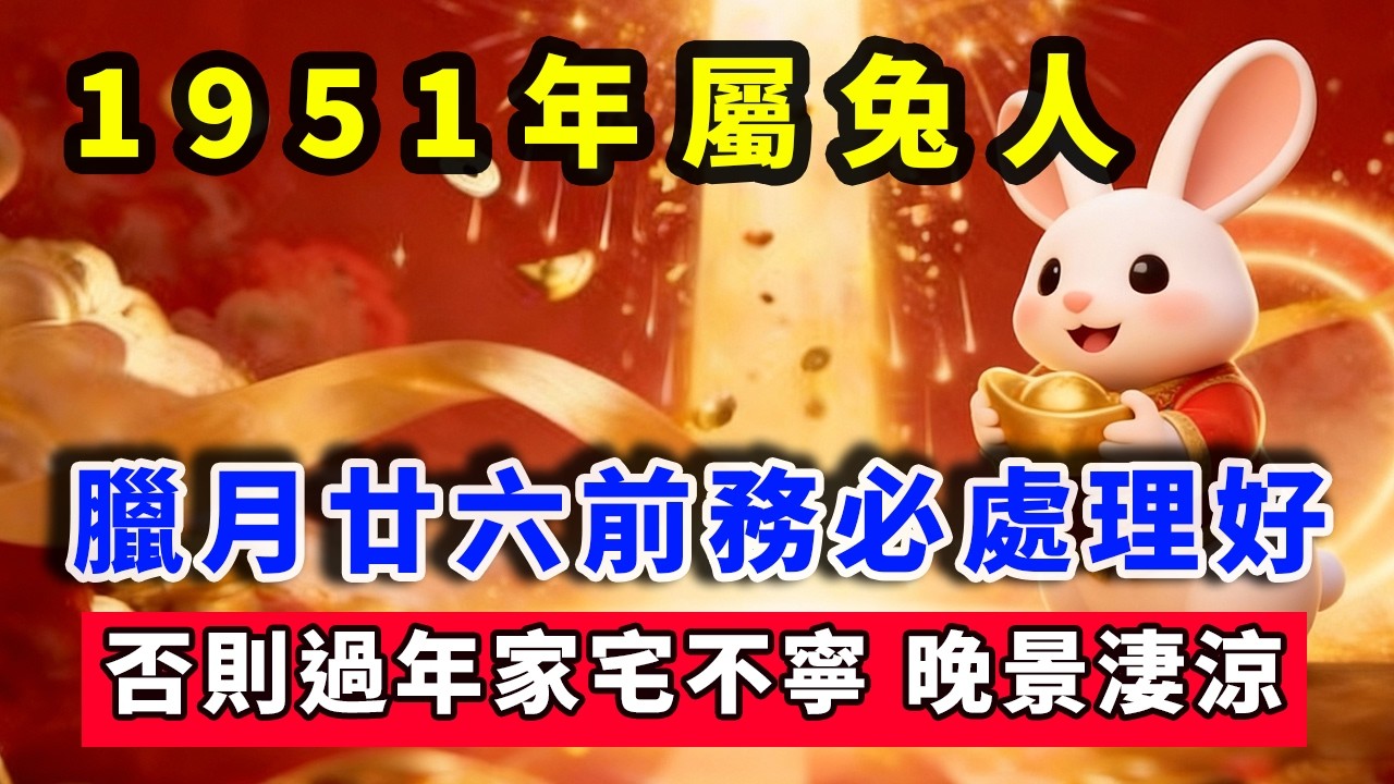 倒計時！1951年辛卯屬兔人，75歲臘月廿六前務必處理好「一件事」，否則過年家宅不寧，晚景淒涼！#生肖 #運勢 #命理 #屬相 #風水 #財運 #佛陀 #佛學 #佛法 #佛教 #修行 #智慧 #因果