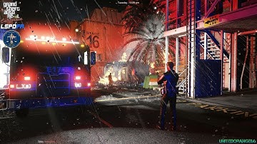 GTA V - LSPDFR 0.4.9🚔 - LA Revo - LAPD - Rainy Night Patrol - Realistic Structure on Fire Call - 4K