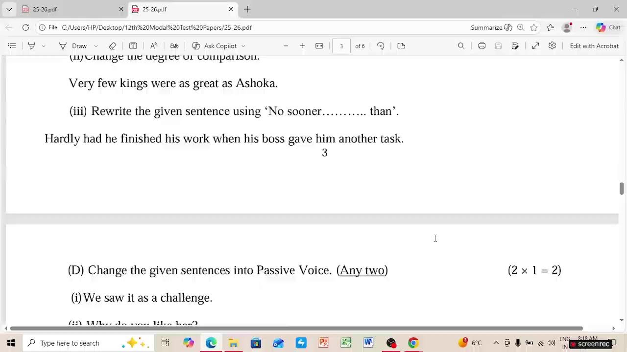 English Class+2 Modal test paper 2025-26