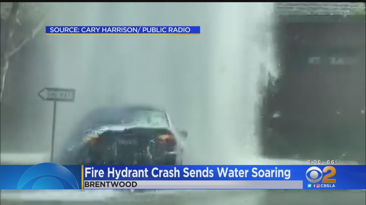 Car Slams Into Fire Hydrant Creating Geyser In Brentwood - YouTube