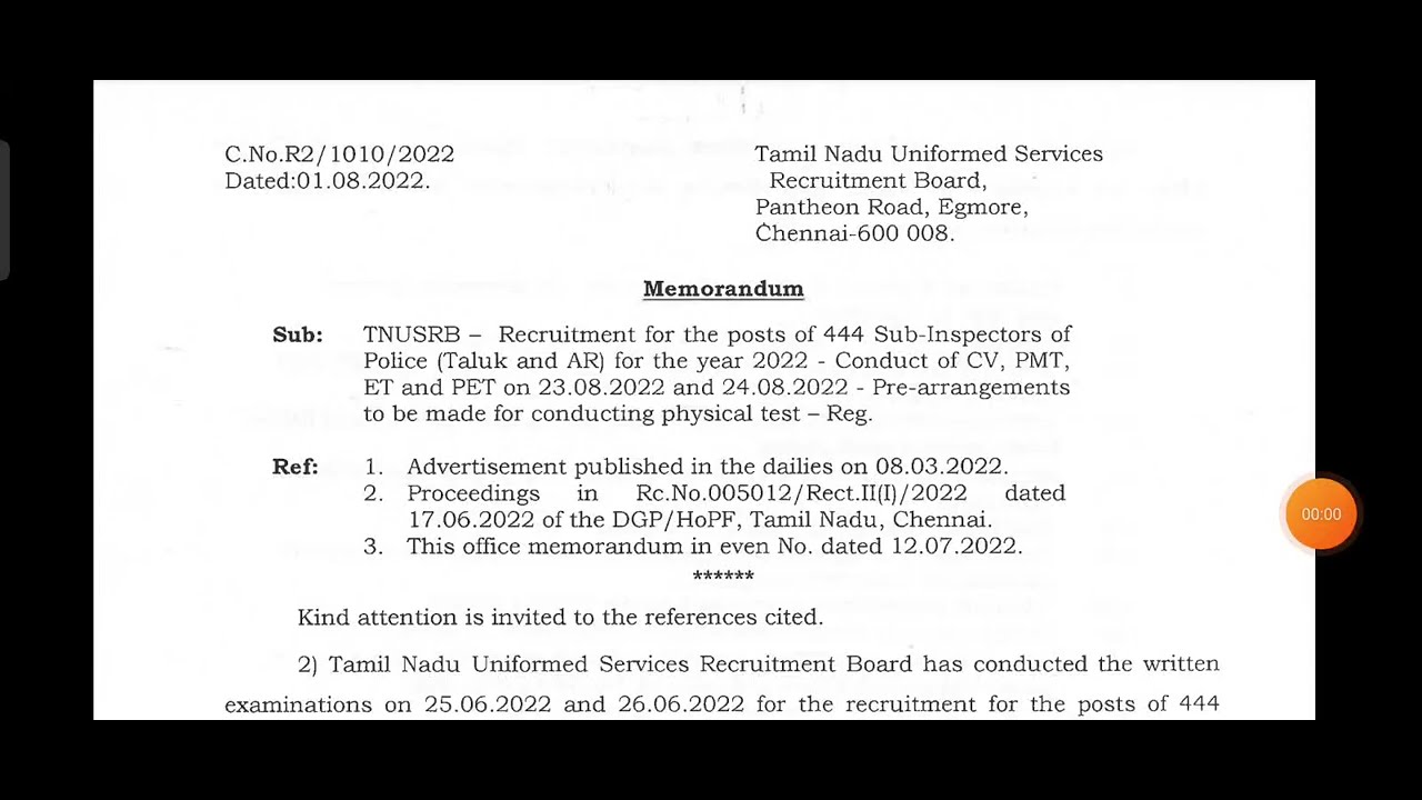 TNUSRB SI Exam Physical Exam Details