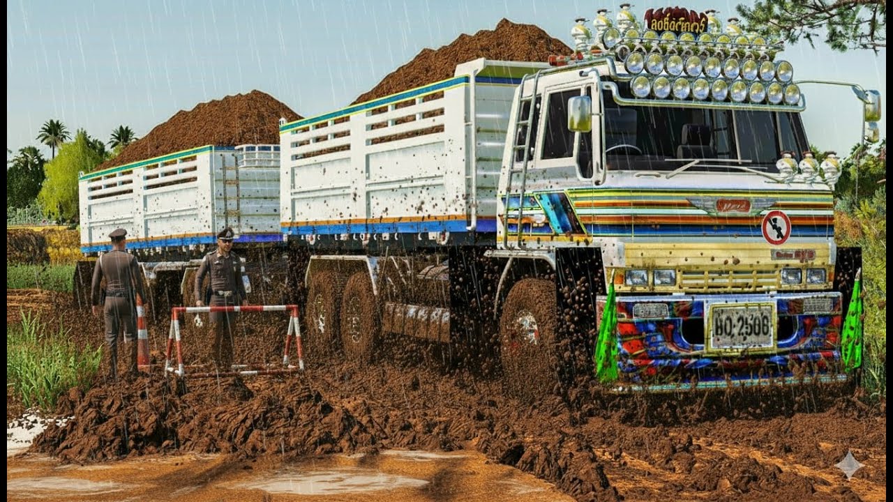 Колонна самосвалов с прицепами для земляных работ прибыла на новую карту и теперь находится на ур...