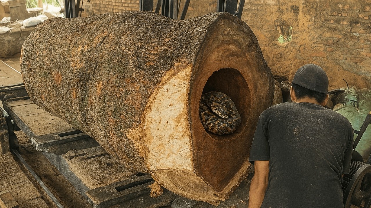 Truck Sized Logs Split by Giant Sawmill Machines at the Factory