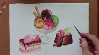 Watercolor Illustrations Painting : Ice cream and desserts
