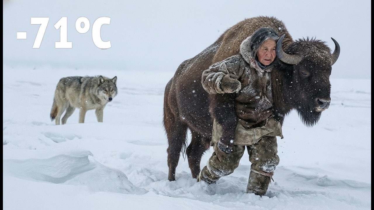 90-летняя женщина защищает свое стадо бизонов во время нападения 1000 волков в Якутии при темпера...