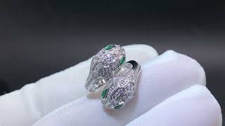 Bulgari Serpenti Seduttori Ring 18k White Gold Pave Diamonds with Emerald Eyes