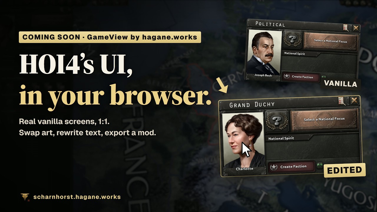 GameView demo thumbnail showing the original HOI4 political panel and an edited portrait