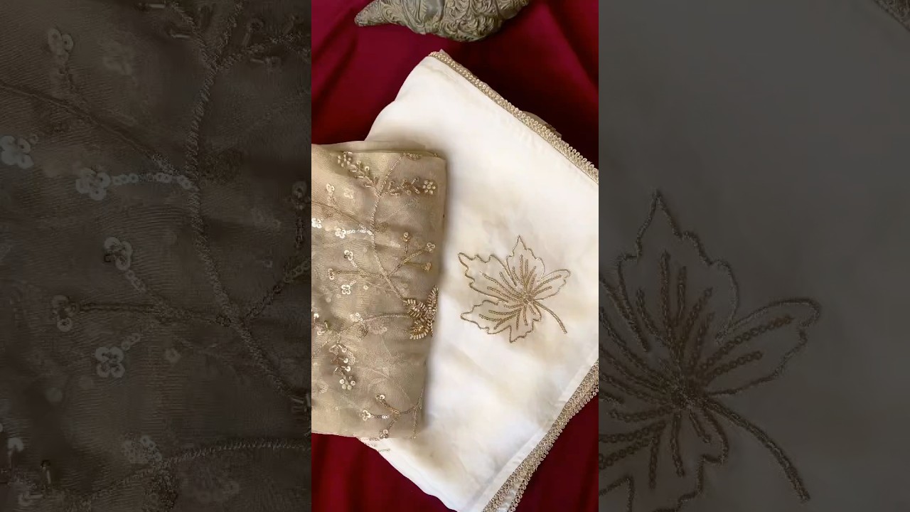 Pure Chinnon Leaf Embroidery & Golden Lace Border Saree