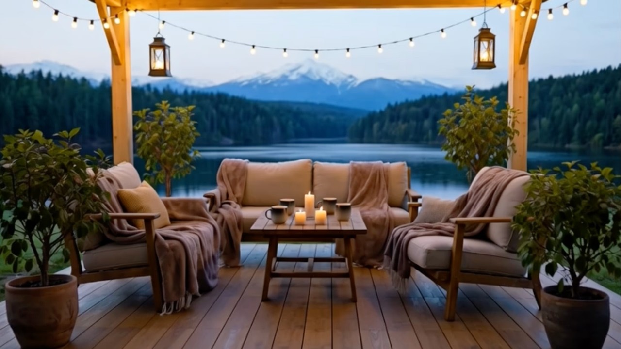 Lakeside Mountain Porch at Dusk 🌅 Soft Jazz & Cozy Outdoor Ambience for ...