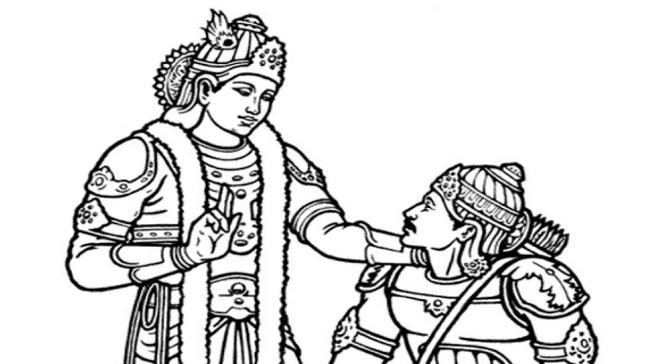 Image of Sketch Of Lord Krishna Telling Bhagavad Gita To Arjuna In  Kurukshetra War Field In Horse Chariot Editable Outline  Illustration-XB618897-Picxy