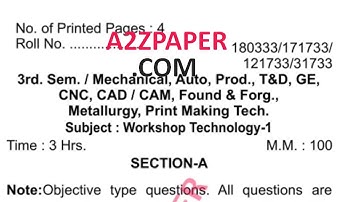 HSBTE Diploma 3rd Sem Workshop Technology 1  Question Paper