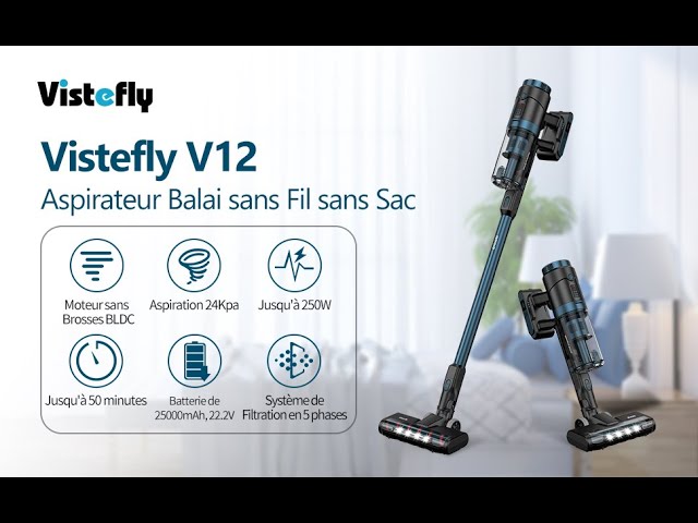 Vistefly V12 Aspirateur sans Fil,4 en 1 Aspirateur Balai  420W/25000Pa,Jusqu'à 60 Min d'autonomie 