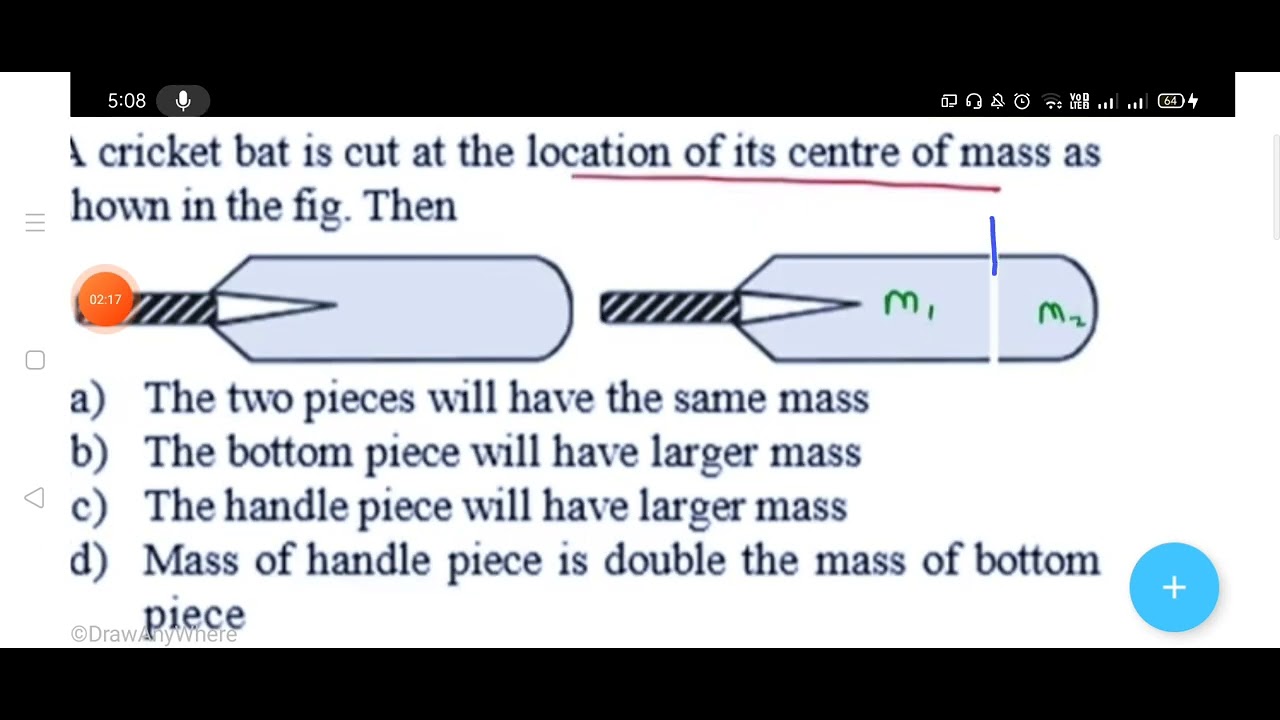 A cricket bat is cut at the location of its centre of mass as shown