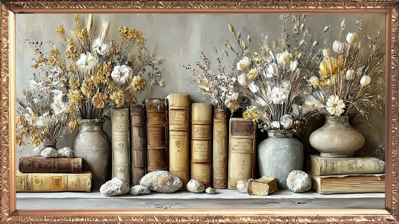 Vintage Bookshelf Still Life 📚✨ | Vintage Oil flower Painting Framed TV Art Screensaver | 3 Hours