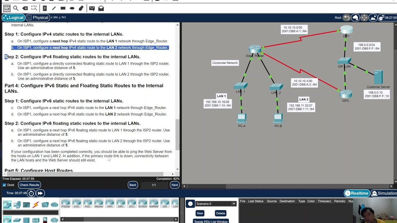 15.6.1 Packet Tracer – Configure IPv4 and IPv6 Static and Default Routes