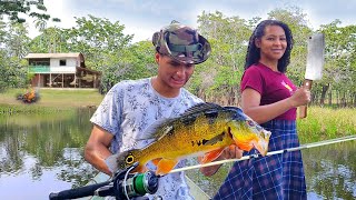 PESCA RIBEIRINHA de TUCUNARÉ e TRAIRÃO fizemos um ASSADO DELICIOSO NA BEIRA do Rio Amazonas