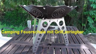 Feuerschale mit Grill und der besondere Baum im Wald