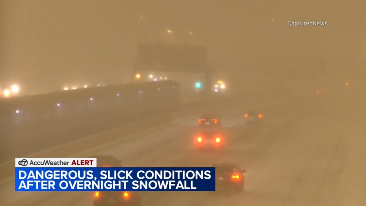 Dangerous, slick conditions after snowfall hits Chicago area - YouTube