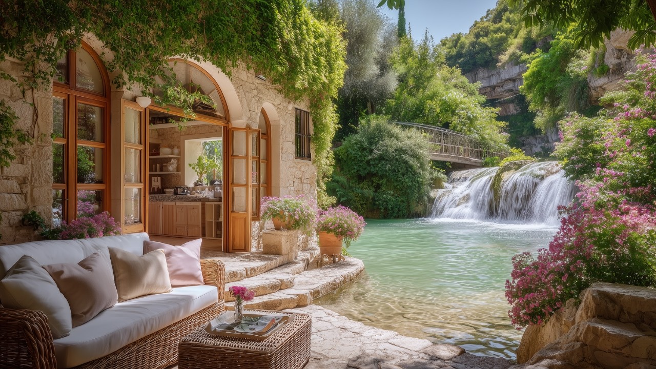 Riverside Cottage Calm | Waterfall Sounds & Forest Birds for Focus, Study and Relax