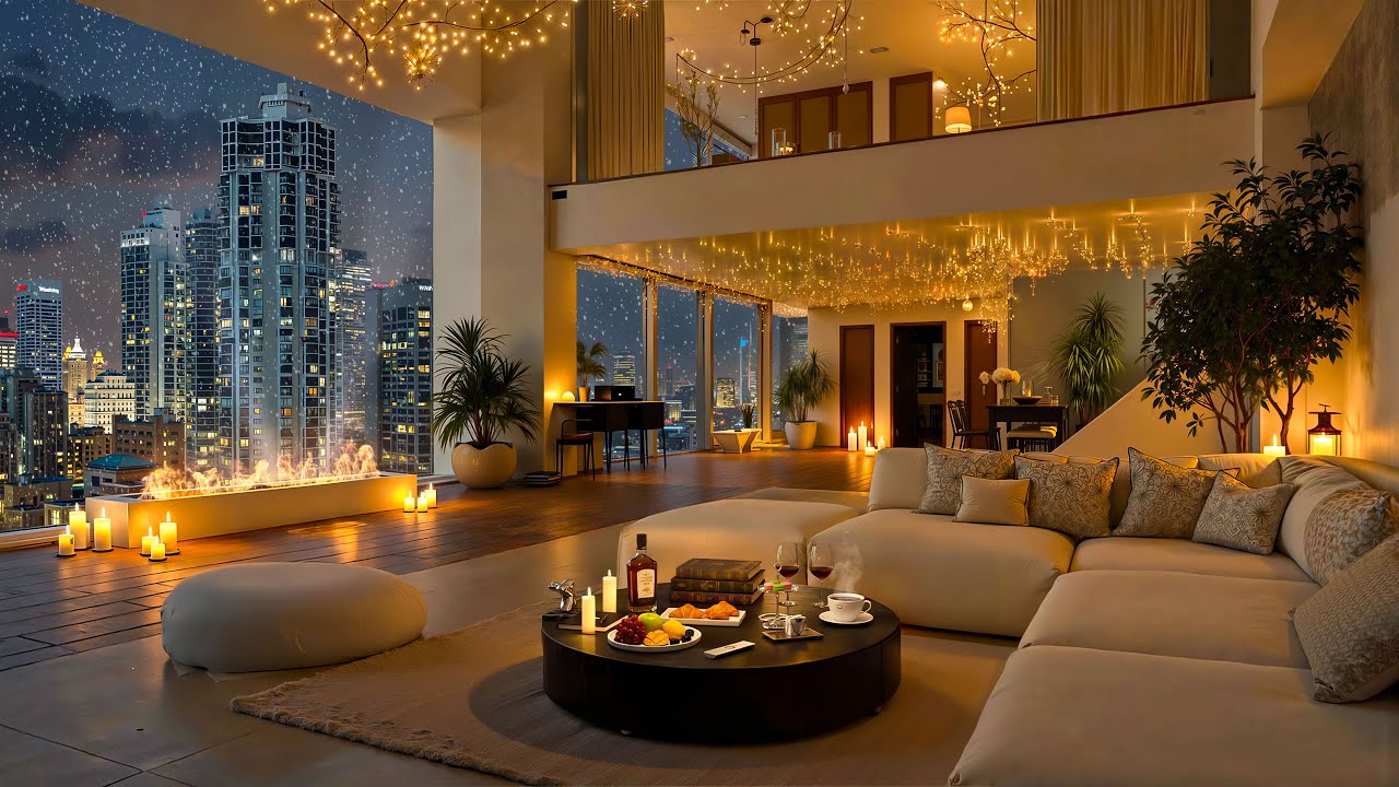 4K Serene Winter Night Vibes ❄ Luxury Apartment with Smooth Jazz Piano for Unwind, Stress Relief