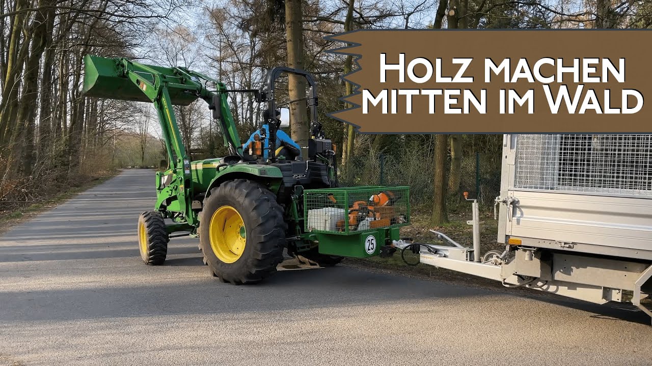 Brennholz machen mit John Deere 4049M + Stihl MSA 220 + Humbaur HTK 3500.31 mitten im Wald