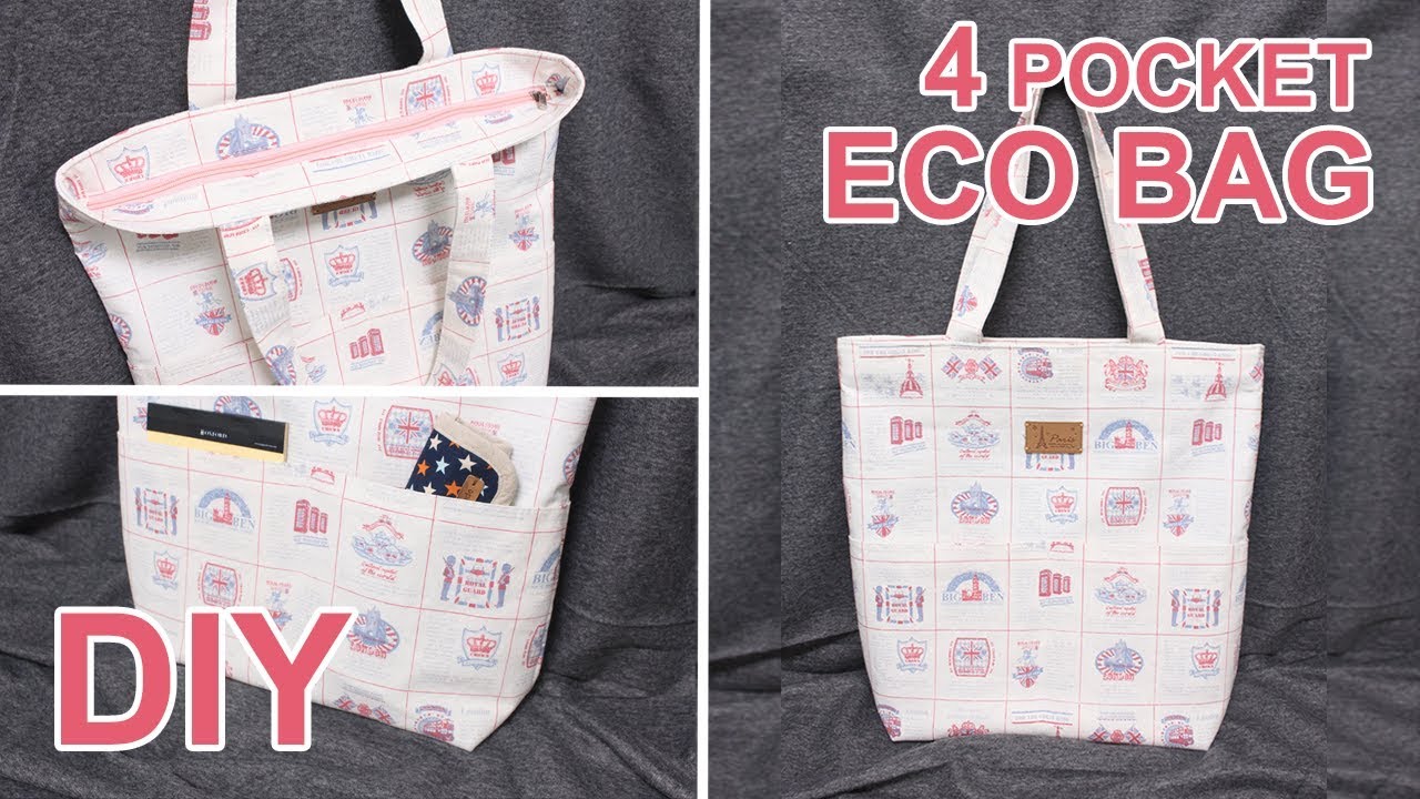 DIY Basic Tote bag with 4 Pockets | 4개의 포켓이 있는 에코백 | How to make a Eco bag with zipper #sewingtimes