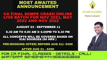 CA FINAL SCMPE- CRASH /FAST TRACK - NEW LIVE BATCH ANNOUNCEMENT- LATEST RECORDINGS FROM AUGUST 26TH