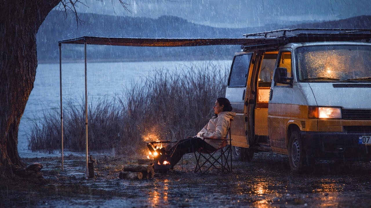Silent Camping by the Lake 🌧️ | A Rainy Evening in Nature