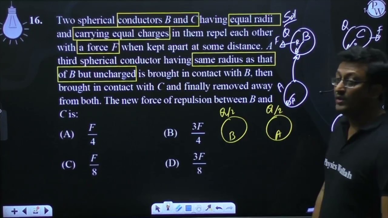 Two spherical conductors B and C having equal radii and carrying equal charges in them repel eac....
