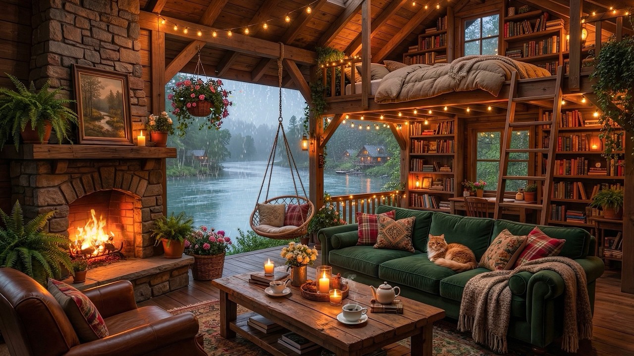 Rain Sound & Thunderstorm with Jazz Melody | Warmth Fireside in a Cozy Cabin next to the Forest