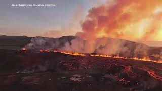 Dramatic drone video of Iceland volcano eruption near Grindavik