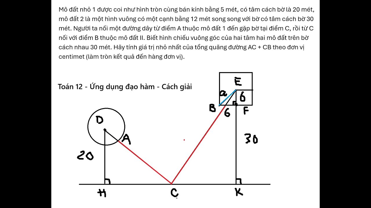 Toán 12: Mô đất nhỏ 1 được coi như hình tròn cùng bán kính bằng 5 mét, có tâm cách bờ là 20 mét