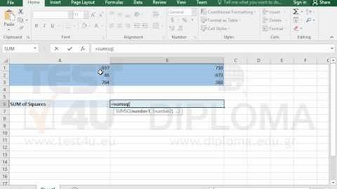 Use the SUMSQ function to calculate the sum of squares of a cell range (Excel 2016)