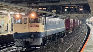 【最後尾コキ73-3有り!ジョイント音最高!】国鉄EF65形2000番台2097号機(赤プレート・国鉄色)+コキ16両が大宮駅10番線を通過!(4073レ・新A62・コンテナ輸送)2024.3.12