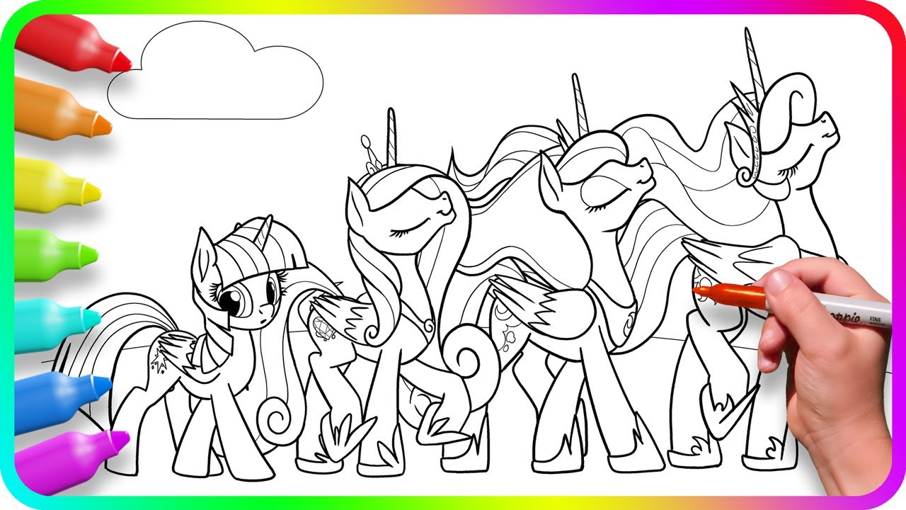 Coloring Pages MY LITTLE PONY - 4 Princesses / How to color My Little Pony. Easy Drawing MLP