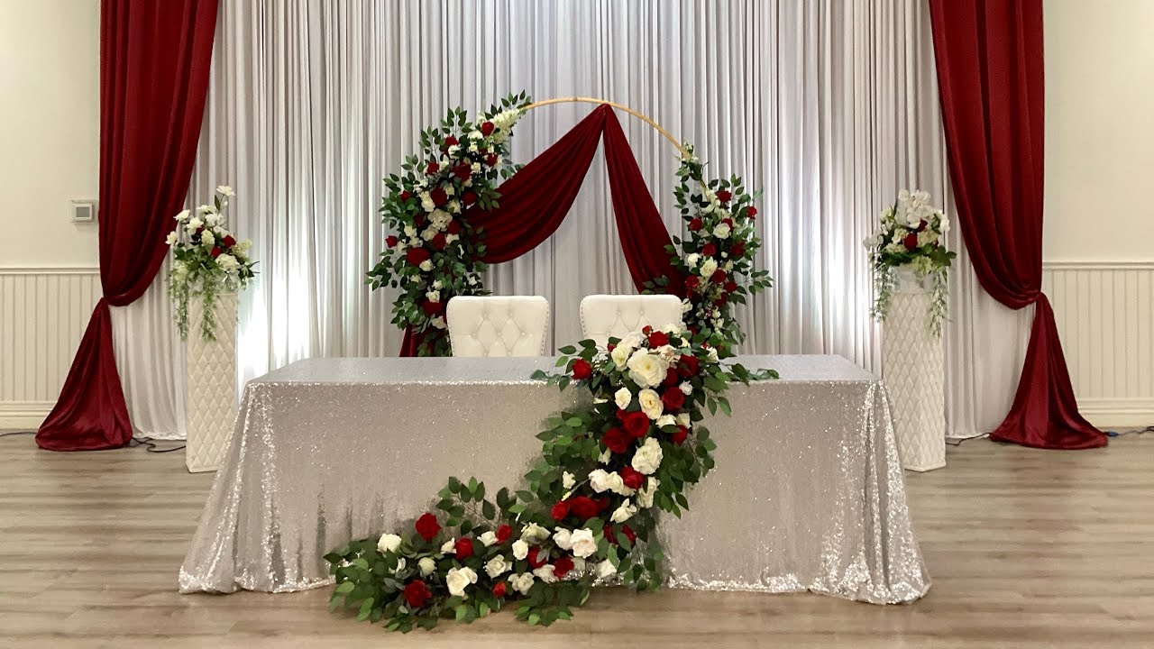 Burgundy Wedding Reception Inspiration //Floral Cascading Arrangement