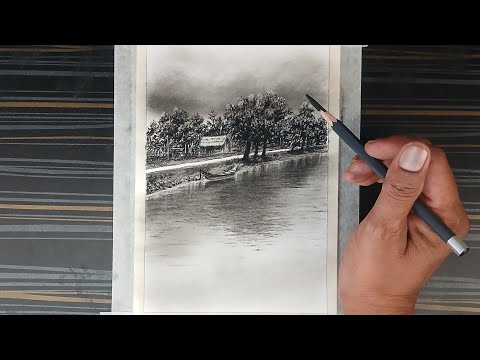 A village nature view landscape scenery drawing by pencil with real easy.