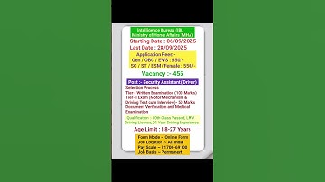 IB Security Assistant MT Vacancy Online Form  2025 | IB Driver Vacancy Online Form 2025 | Driver Job