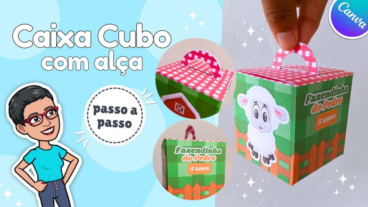 Como personalizar caixa cubo com alça no Canva + Molde PNG
