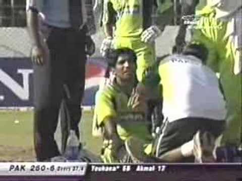 This is from the Indo-Pak series in 2005. As Youhana asks for a runner, dada 'complains' to him about the possible slow over penalty and stuff. Crank up the volume to hear dada in full form.